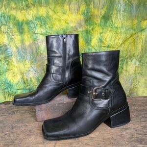 Mens Vintage Black Leather Boots With Square Toe And Block Heel 90's